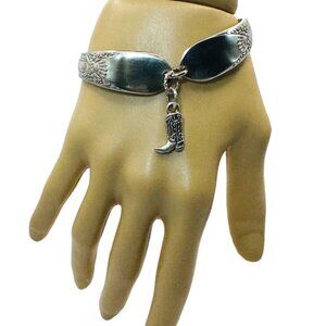 Vintage Silverware Boho Bracelet Artisan Crafted with Cowboy Western Boot Charm